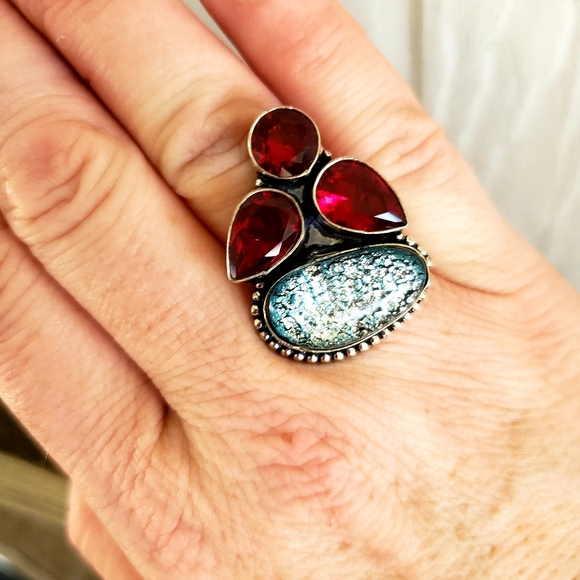 New Garnet & Dichroic Glass 925 Silver Ring. - Picture 4 of 7